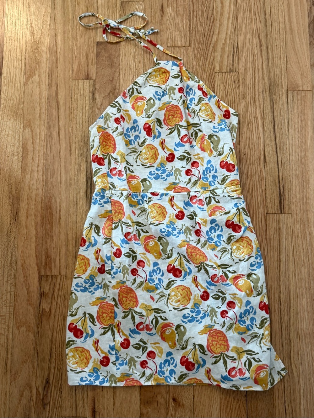 Reformation White Fruit-Print Halter Mini Dress with Yellow & Red